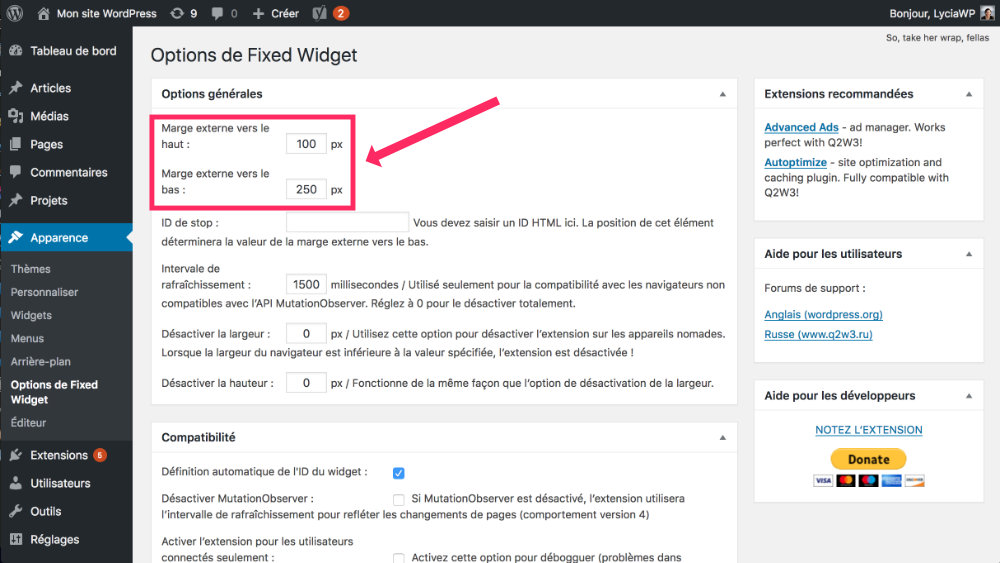 Q2W3 Ajustes del plugin de Widget fijo