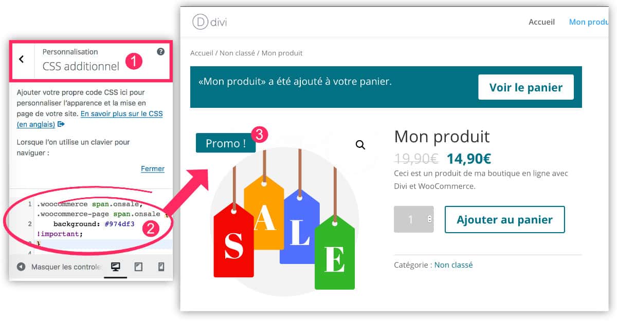 Changer la couleur du badge promo Divi et WooCommerce