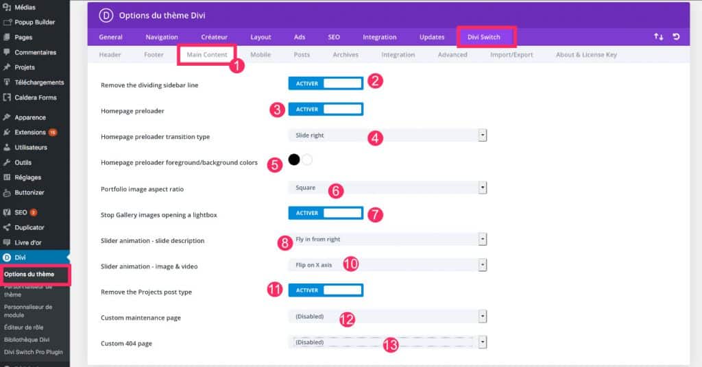 Options pour personnaliser le Main Content