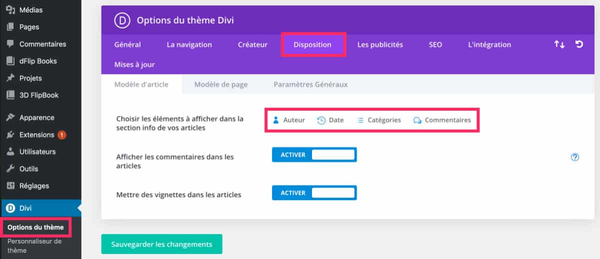 métadonnées page d'archive Divi