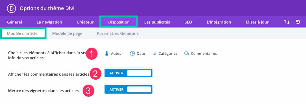 Onglet Disposition - Modèle d'article
