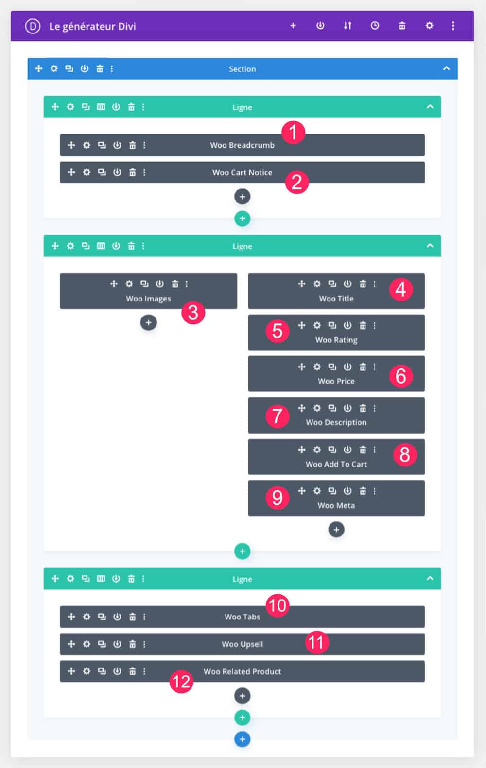 Módulos Divi formando una forma de producto