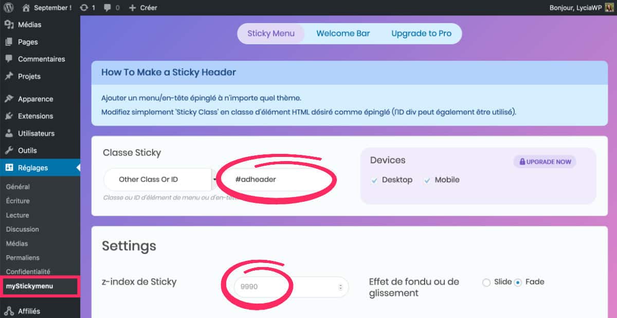 My Sticky Menu - réglages