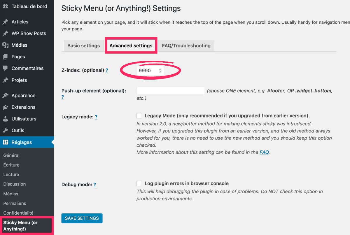 Sticky Menu - advanced setting