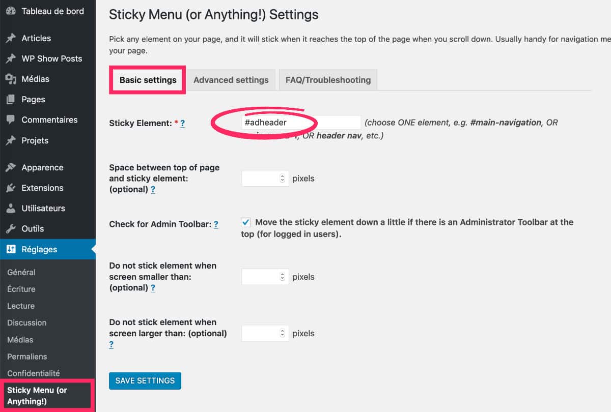 Sticky Menu - Basic Settings