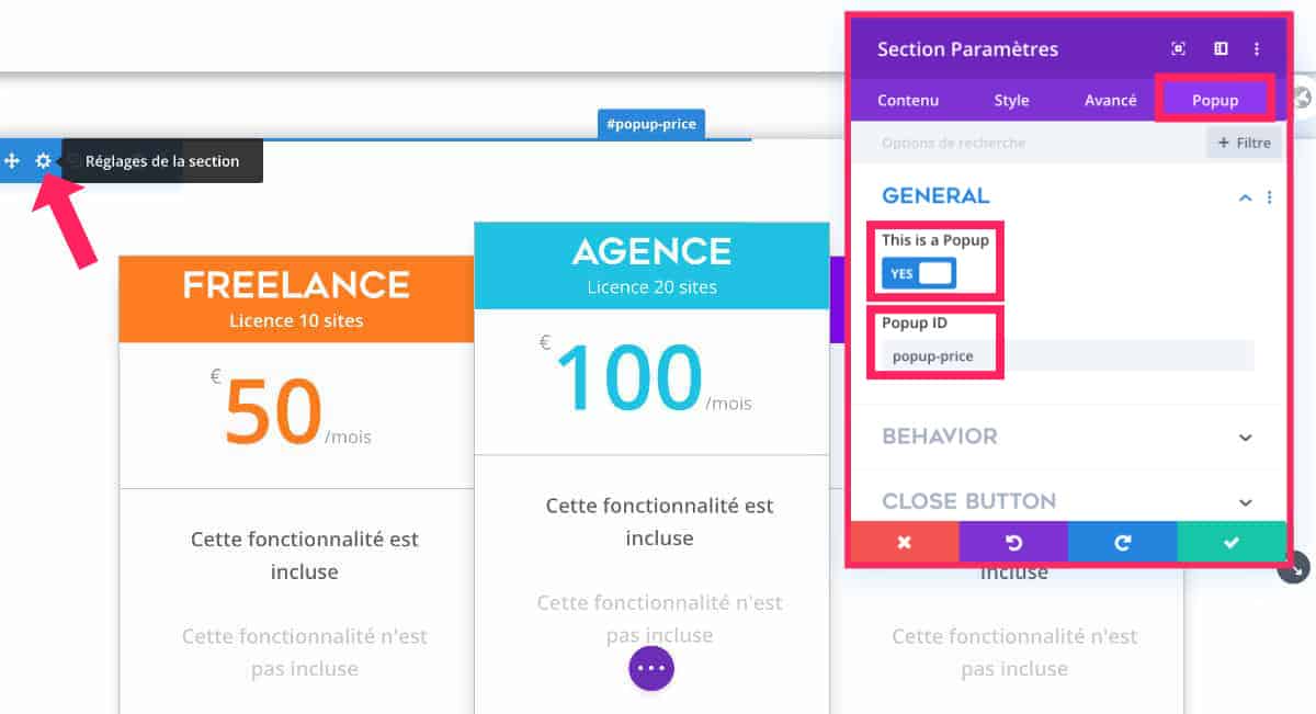 Convertir une section Divi en popup