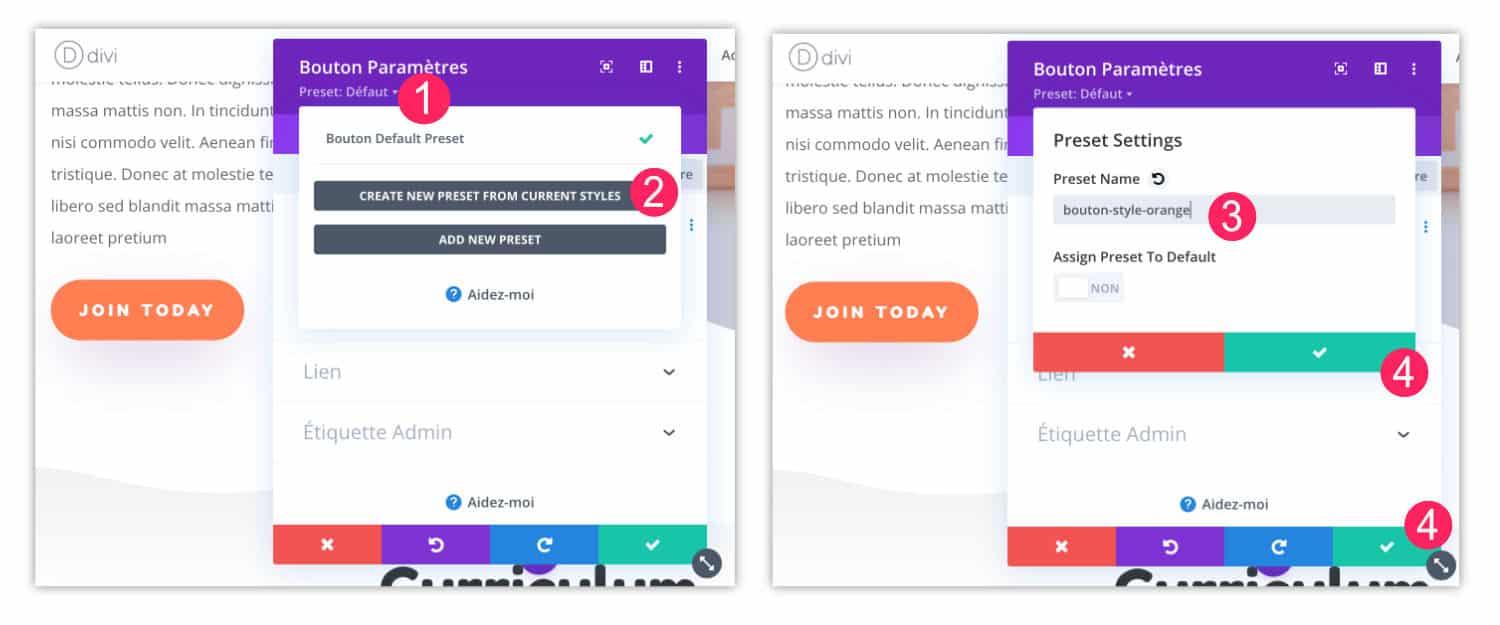 Divi Preset fonctionne aussi sur les boutons