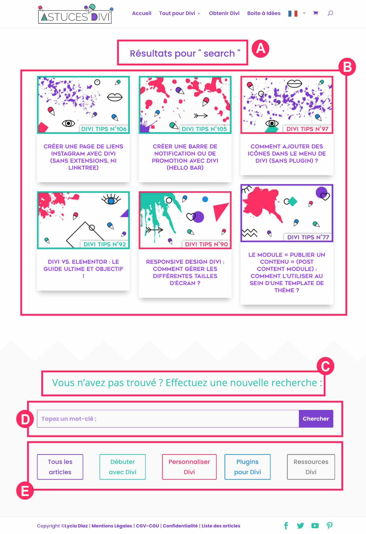 Composition of a search results page Divi