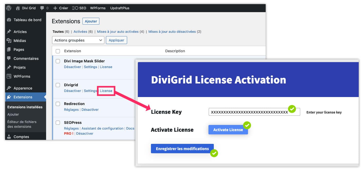 Activer la licence Divi Grid